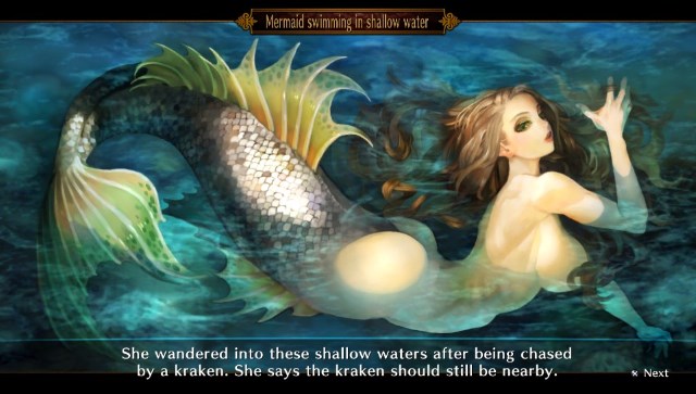 Screenshot of a story scene in Dragon’s Crown featuring a mermaid with a prominent fleshy gluteus maximus.